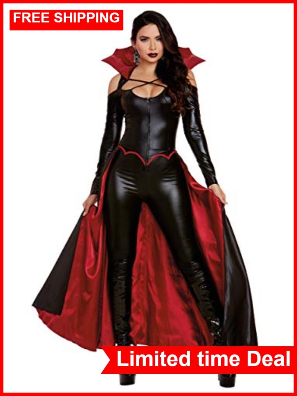 Sleek Zip-Front Liquid Jumpsuit Vampire Collar Attached Skirt Gothic Halloween